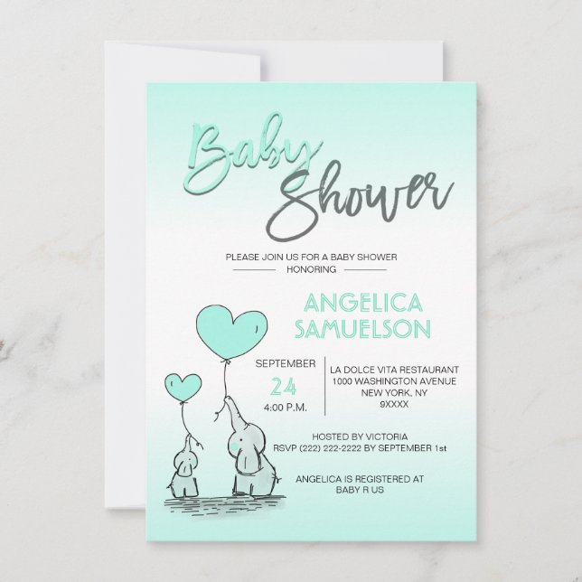 Invitation Cute Modern MINT Mommy Elephant & Baby shower (Devant)