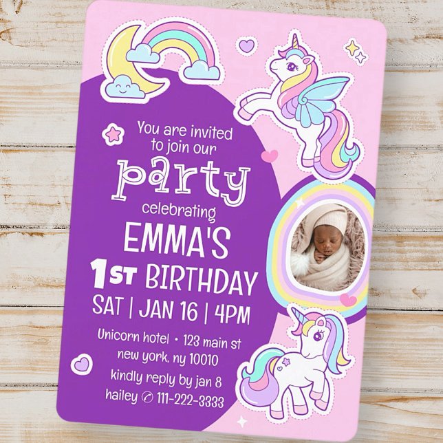 Invitation Cute Modern Rainbow Unicorns Photo d'anniversaire  (Créateur téléchargé)