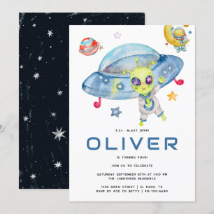 Invitation Cute Modern Space Alien UFO fête d'anniversaire
