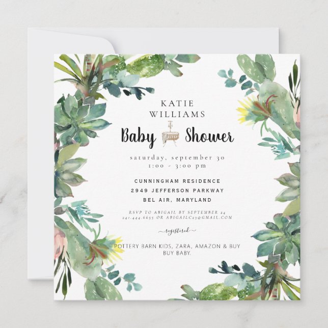 Invitation Cute Modern Succulent Cactus Baby shower Carré (Devant)