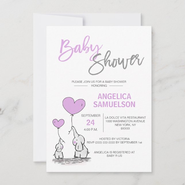 Invitation Cute Moderne LAVENDER Maman Elephant & Baby shower (Devant)
