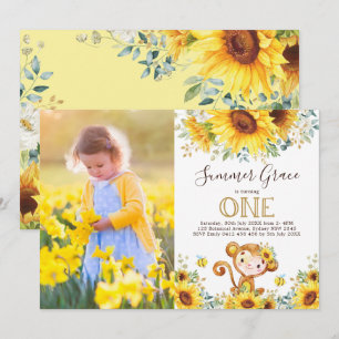 Invitation Cute Monkey 1er Anniversaire Sunflower Gold