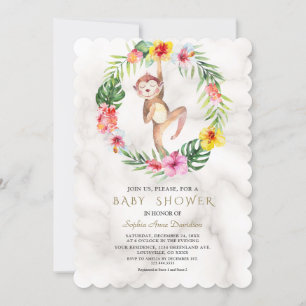 Invitation Cute Monkey Tropical Floral Girl Baby shower