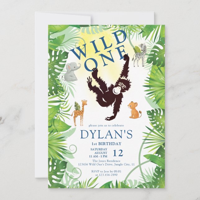 Invitation Cute Monkey Wild One Jungle Safari garçon 1er Anni (Devant)