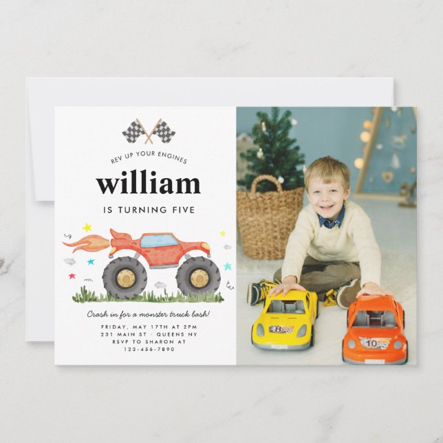 Invitation Cute Monster Truck Bash Race Photo Anniversaire de (Devant)