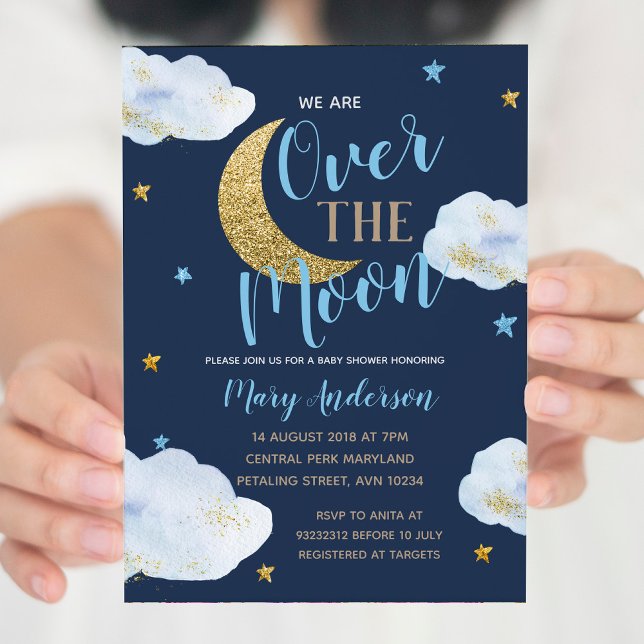 Invitation Cute Moon Marine Baby shower bleu et or (Créateur téléchargé)