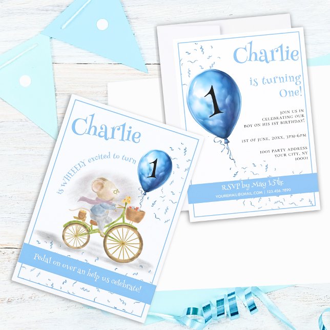 Invitation Cute Mouse Animal Bicyclette garçon 1er anniversai (Front & Back - Cute Mouse Animal Riding Vintage Bicycle & 1st Birthday Party Balloon, Boy Invitation)