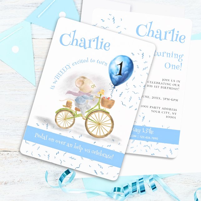 Invitation Cute Mouse Animal Bicyclette garçon 1er anniversai (Front & Back - Cute Mouse Animal Riding Vintage Bicycle & 1st Birthday Party Balloon, Boy Invitation)