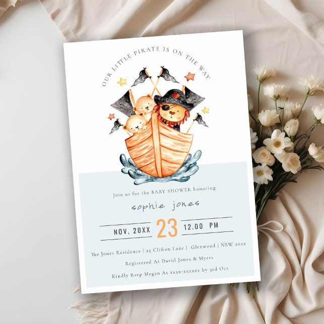 Invitation Cute Nautical Pirate Ship Lion Cub Baby shower (Créateur téléchargé)