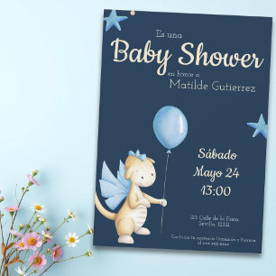 Invitation Cute Navy Blue Dragon Espagnol Baby shower Garçon
