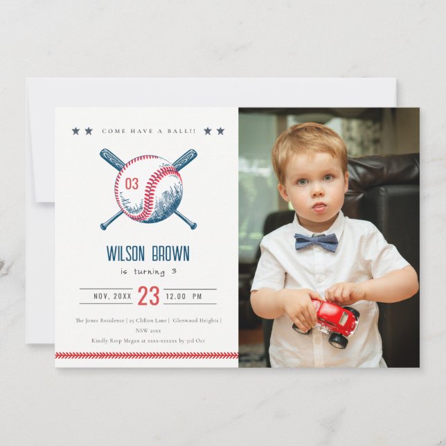 Invitation Cute Navy Red Baseball Enfants Photo Anniversaire (Devant)
