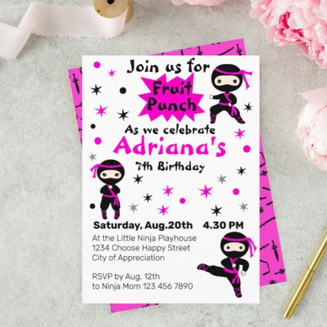 Invitation Cute Ninja Enfants Guerriers Filles Rose Anniversa (Créateur téléchargé)