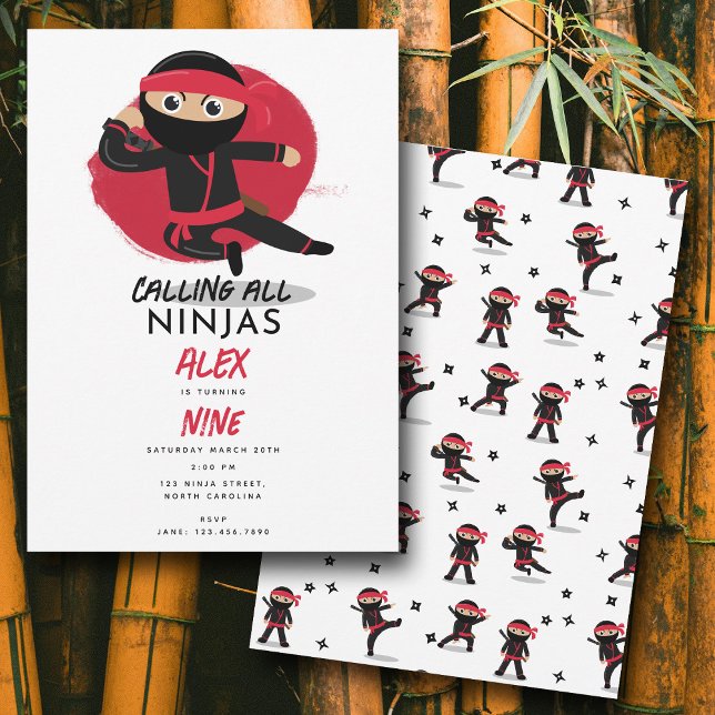 Invitation Cute Ninja Guerrier Enfants Noir & Rouge fête d'an (Cute Ninja Warrior Kids Black & Red Birthday Party Invitation)