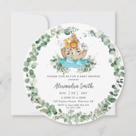 Invitation Cute Noah's Ark Green Baby shower neutre rond