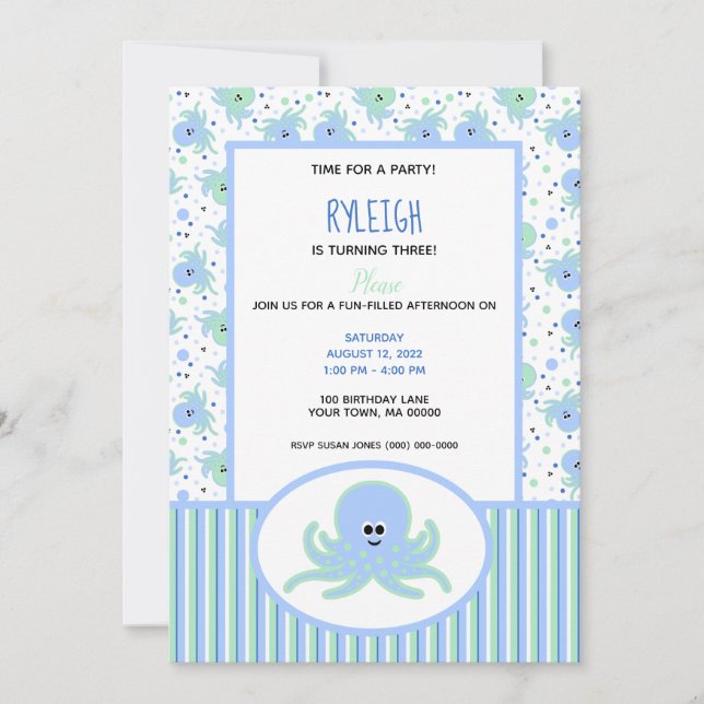 Invitation Cute Octopus Pastel Bleu et Vert Anniversaire (Devant)