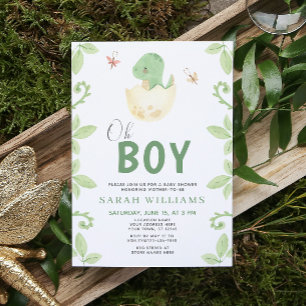 Invitation Cute Oh Boy Dinosaur Vert Baby shower d'aquarelle