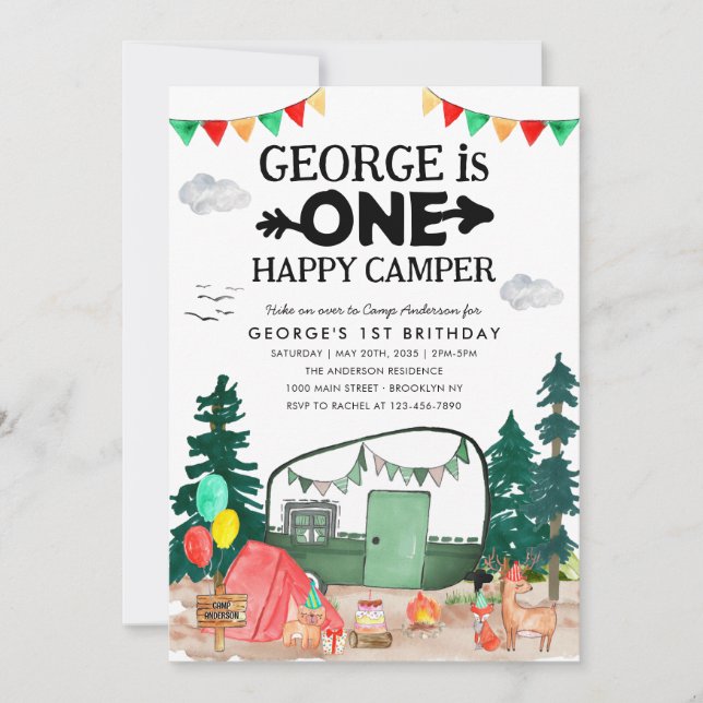 Invitation Cute ONE Happy Camper Woods Camping 1er anniversai (Devant)