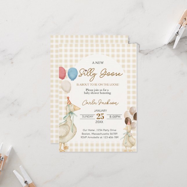 Invitation Cute One Silly Goose Baby shower (Devant/Arrière en situation)