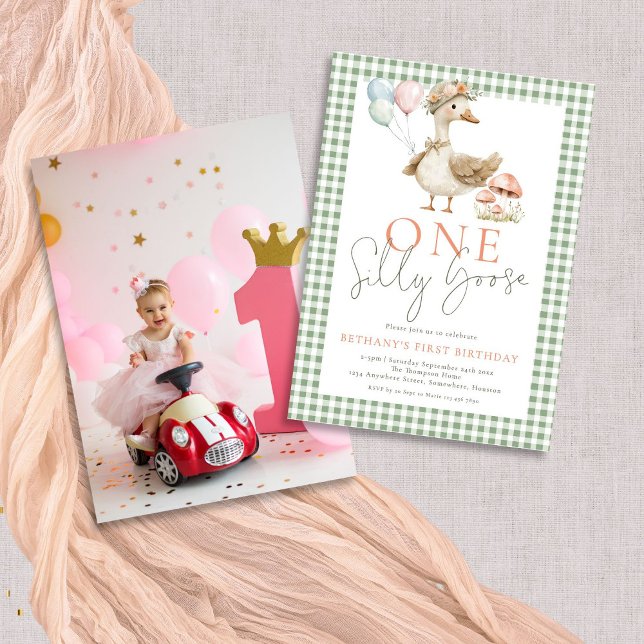 Invitation Cute One Silly Goose Photo En vichy 1er anniversai (Front and back view)