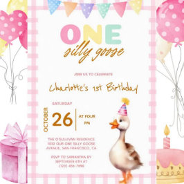 Invitation Cute One Silly Goose Pink Plaid Girl 1er anniversa