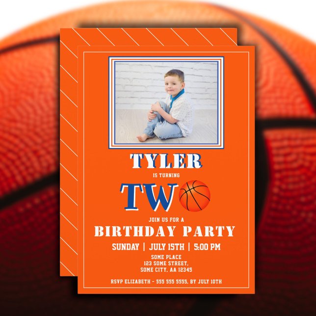 Invitation Cute Orange Basketball Photo 2e anniversaire (Créateur téléchargé)