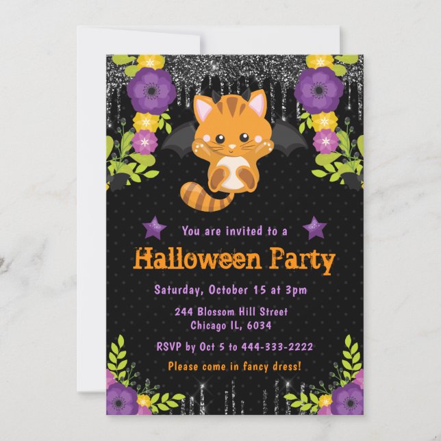 Invitation Cute Orange Chat Floral Halloween Party (Devant)