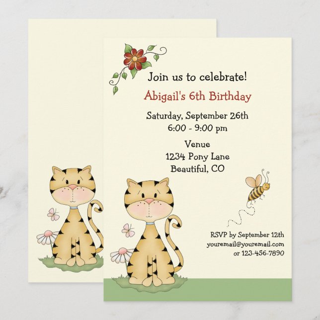 Invitation Cute Orange Kitty Chat et Fleurs Anniversaire (Devant / Derrière)