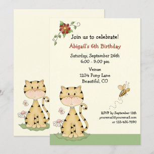 Invitation Cute Orange Kitty Chat et Fleurs Anniversaire