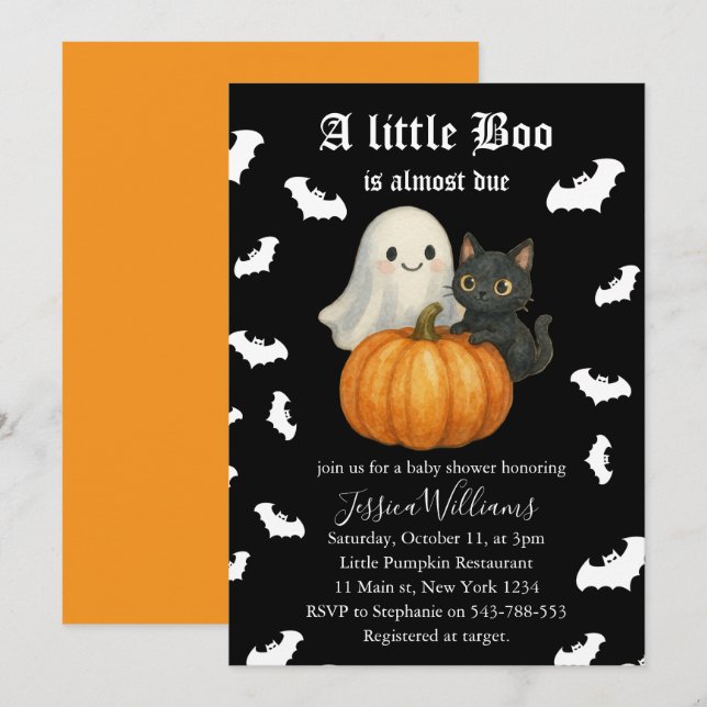 Invitation Cute Orange Pumpkin Cat Bats Halloween Baby Shower (Devant / Derrière)