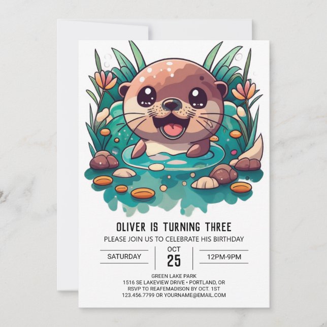 Invitation Cute Otter Enfants Aquarelle Anniversaire (Devant)