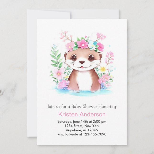 Invitation Cute Otter Pink Meadow Aventure Baby shower fille (Devant)