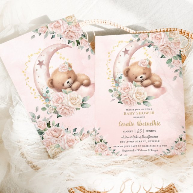 Invitation Cute Ours Blush Ivory Floral Girl Baby shower (Créateur téléchargé)