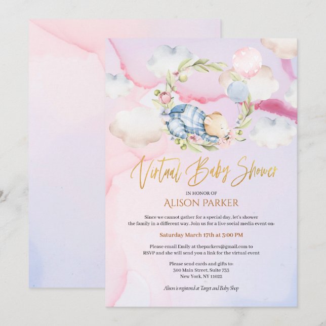 Invitation Cute Ours Boisé Floral Ciel Rose Vide Douche (Devant / Derrière)