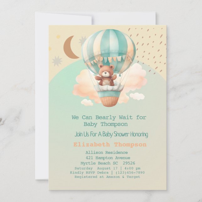 Invitation Cute Ours En Teddy Baby shower Ballons à air chaud (Devant)