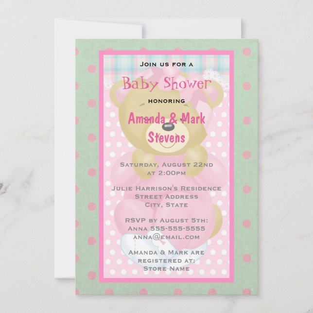 Invitation Cute ours mignon habillé en Baby shower rose (Devant)