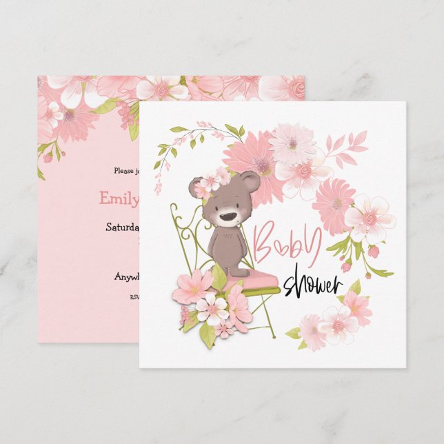 Invitation Cute Ours Rose Blanc Florals Fille Baby shower (Devant / Derrière)
