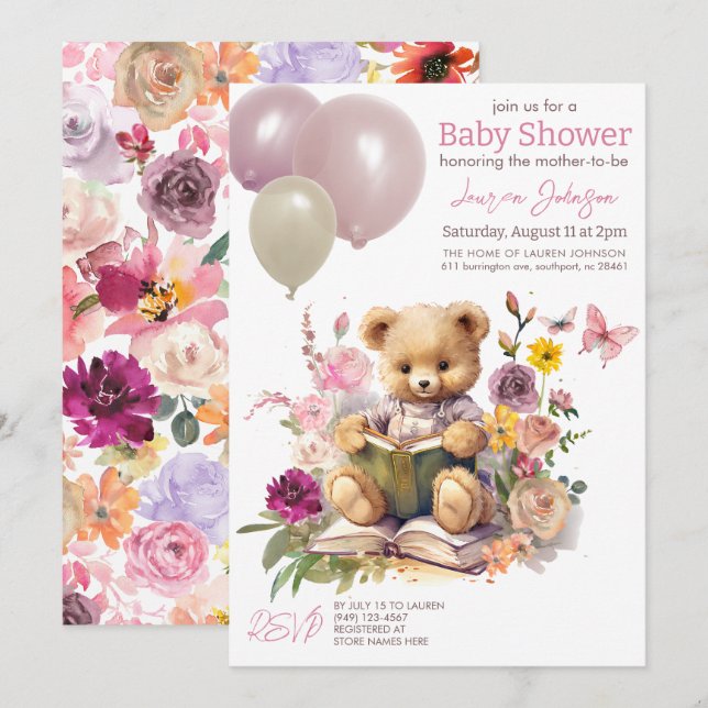 Invitation Cute Ours Teddy Floral Balloons Rose Baby shower (Devant / Derrière)