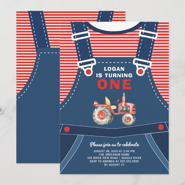 Invitation Cute Overalls Farm Tractor Garçons Anniversaire In (Devant / Derrière)