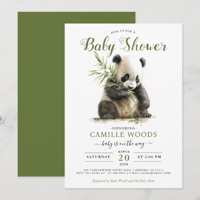 Invitation Cute Panda Baby shower vert genre neutre (Devant / Derrière)