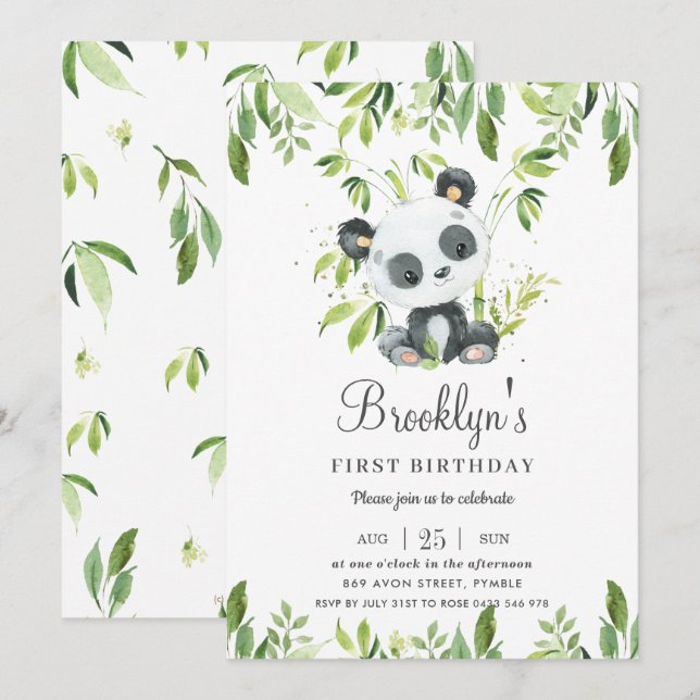 Invitation Cute Panda Bamboo Verdure 1er anniversaire fête (Devant / Derrière)
