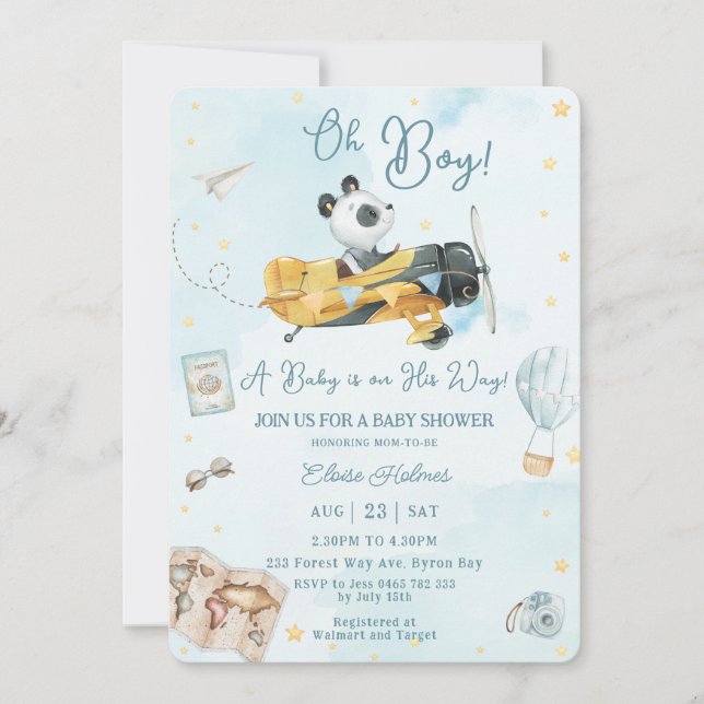 Invitation Cute Panda Bear Plane Aventure Oh Boy Baby shower (Devant)