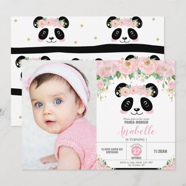 Invitation Cute Panda fête d'anniversaire rose florale photo (Devant / Derrière)
