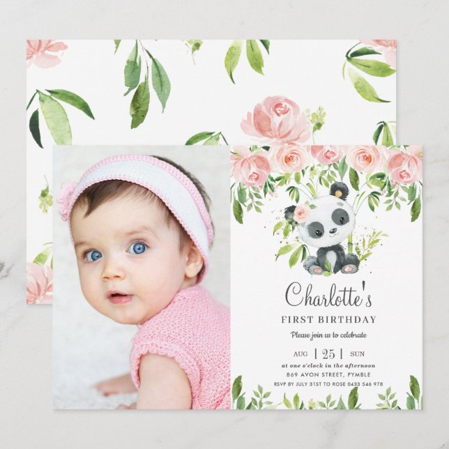 Invitation Cute Panda Floral Green 1er anniversaire fille pho (Devant / Derrière)