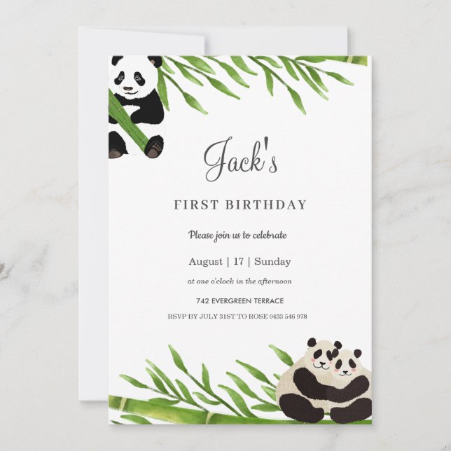Invitation Cute Panda Green Bamboo fête d'anniversaire (Devant)