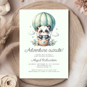 Invitation Cute Panda Hot Air Balloon Mint Green Baby shower