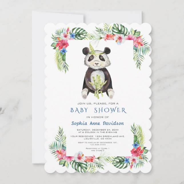 Invitation Cute Panda Ours Fleurs tropicales Baby shower cadr (Devant)