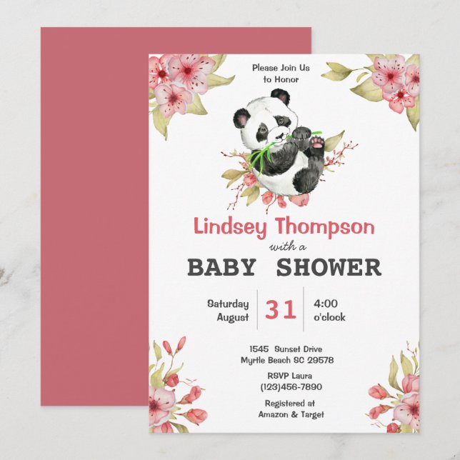 Invitation Cute Panda Ours Floral Girls Baby shower (Devant / Derrière)