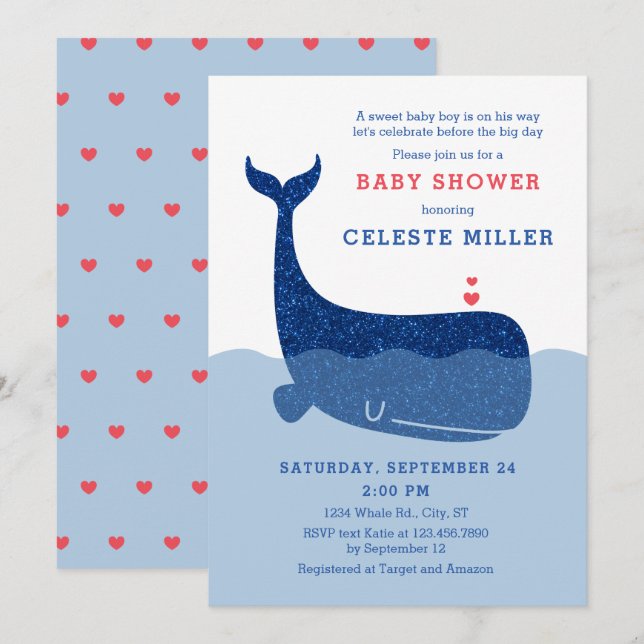 Invitation Cute Parties scintillant Baby shower baleine Invit (Devant / Derrière)