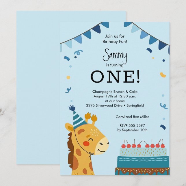 Invitation Cute Party Animal Boy 1st Birthday (Devant / Derrière)