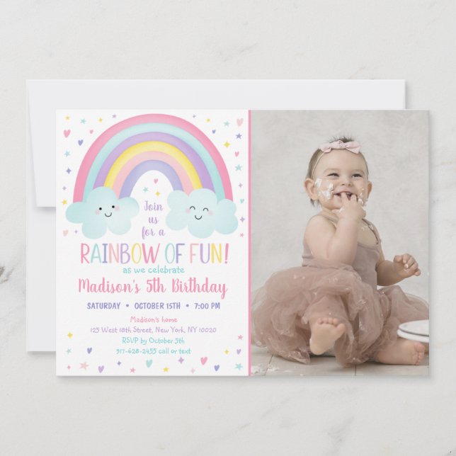 Invitation Cute Pastel Arc-en-ciel nuages Anniversaire (Devant)